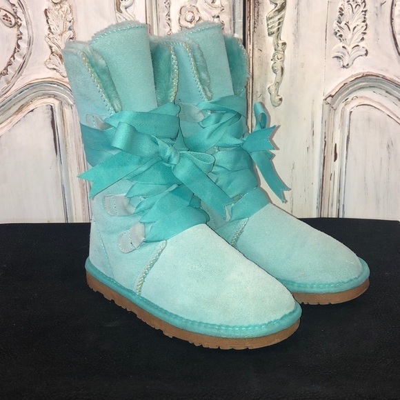 GQPY Shearling Lined Turquoise Suede Ribbon Laced Mid Calf Boot Size 36 - Picture 1 of 9